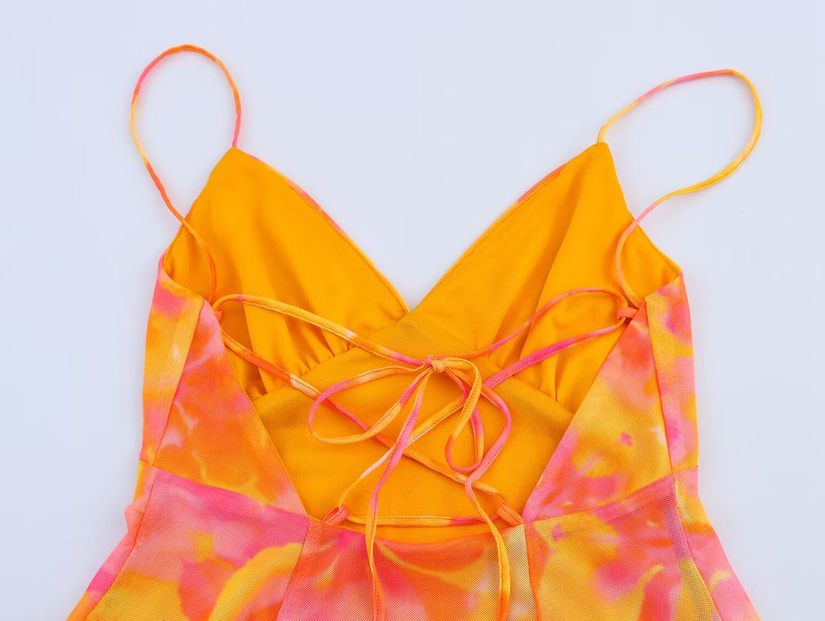 Watercolor Floral Print Mesh V-Neck Cami Fit and Flare Mini Dress 9