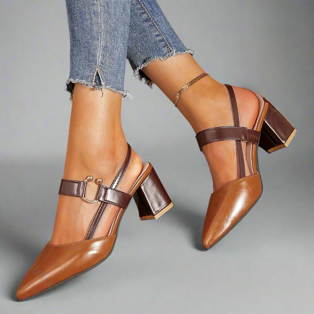 Pointed Toe Buckle Slingback Block Heel Pumps