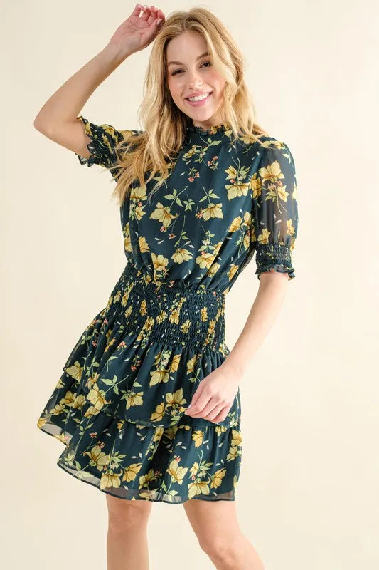 Floral Print Mock Neck Puff Sleeve Smocked Waist Tiered Mini Dress