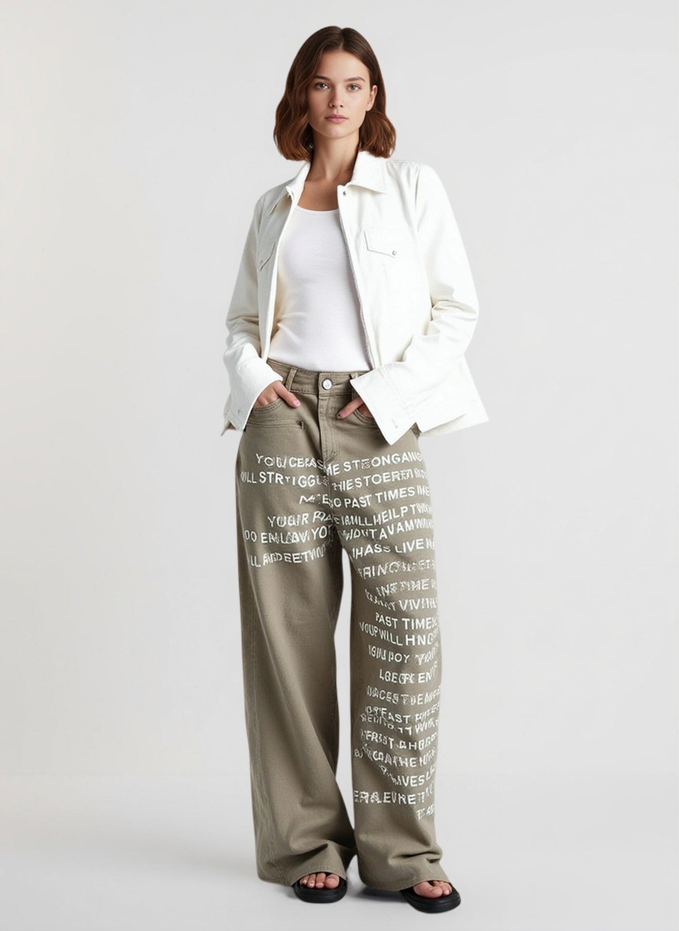 Vintage Washed Letter Print Wide Leg Slim Floor Length Jeans