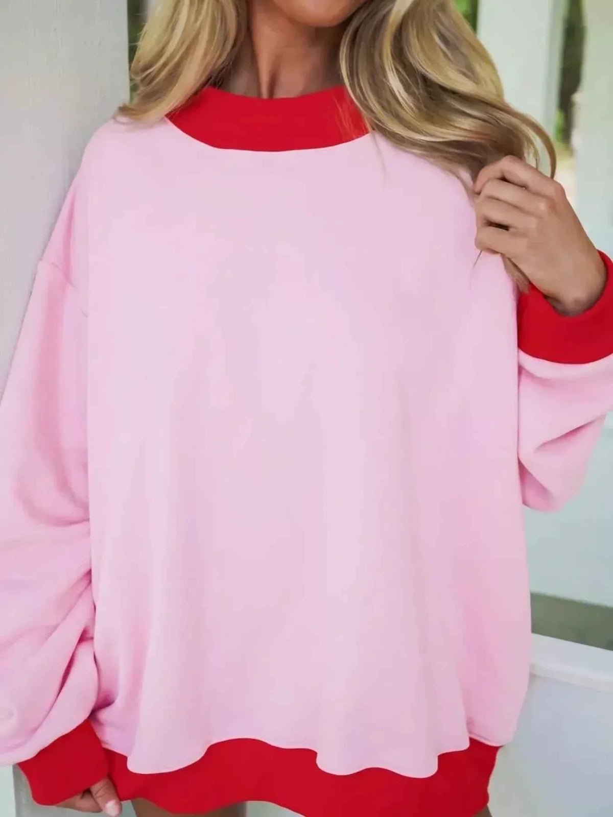 Oversized Contrast Trim Crew Neck Drop Shoulder Longline Sweatshirt 2