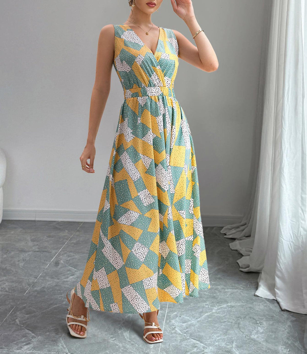 Geometric Print Sleeveless Wrap V-Neck Shirred Waist Maxi Dress