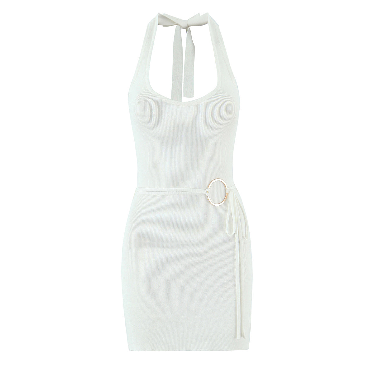 Ribbed Knit Halter Neck Belted O-Ring Bodycon Mini Dress 2