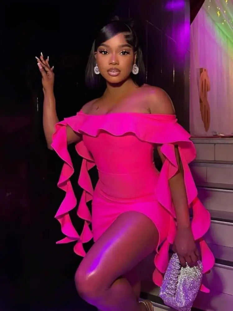 Off Shoulder Ruffle Trim Draped Ribbon Sleeve Bodycon Mini Party Dress