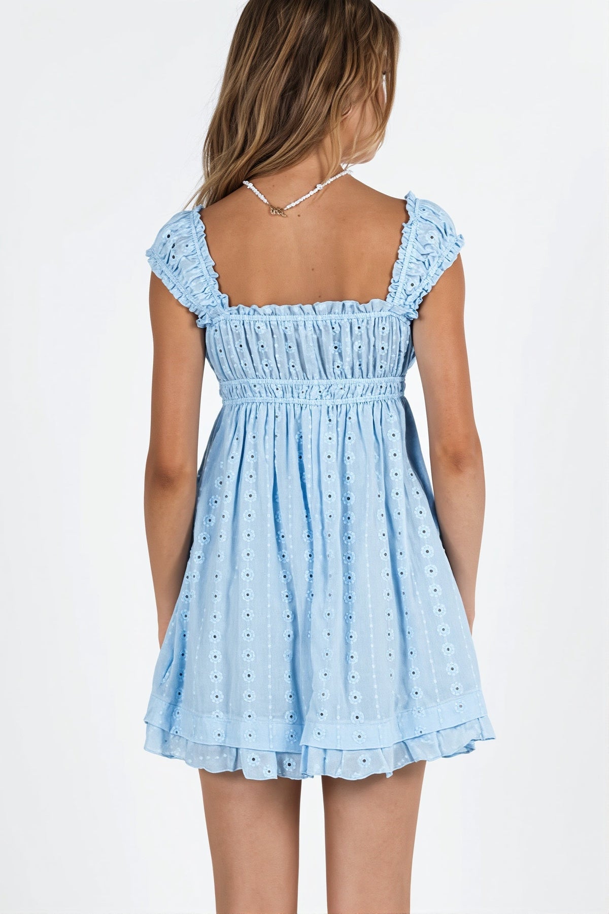 Eyelet Embroidered Square Neck Ruffle Strap Babydoll Mini Dress 4