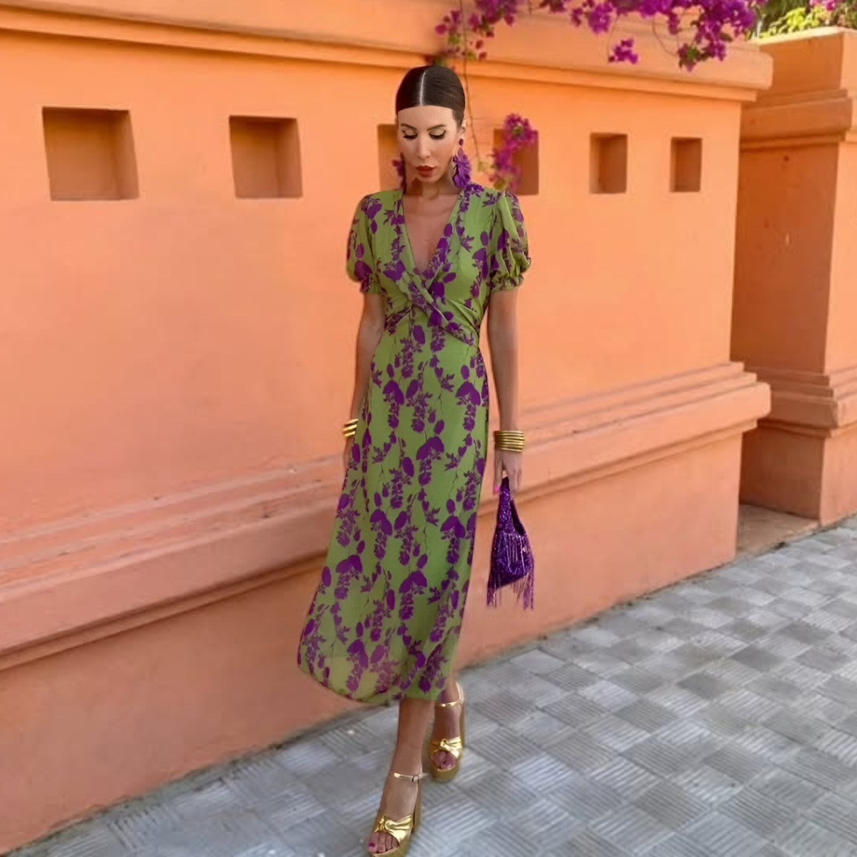 Floral Print V-Neck Puff Sleeve Wrap Midi Dress