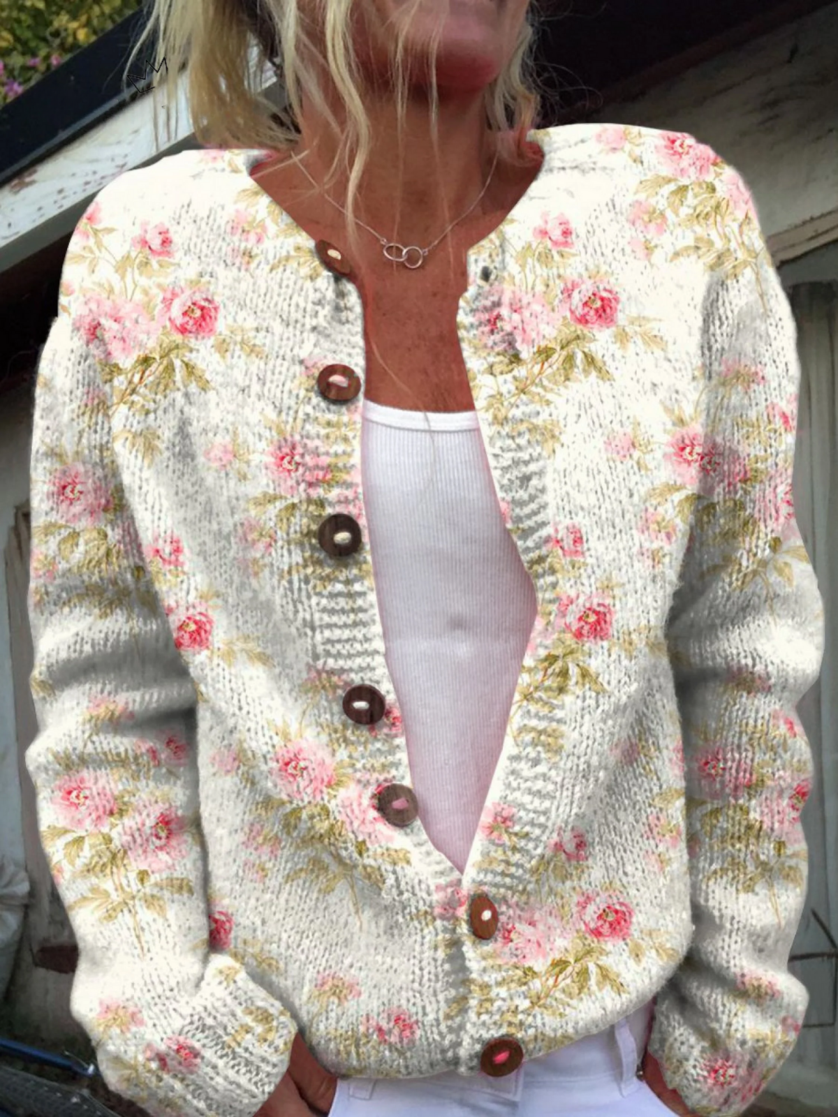 Floral Print Button Front Crew Neck Knit Cardigan