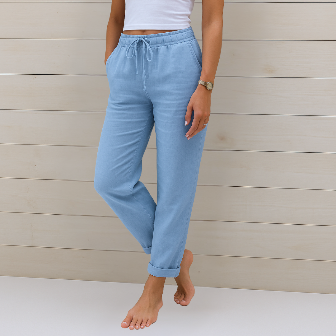 High Waist Drawstring Linen Look Tapered Pants