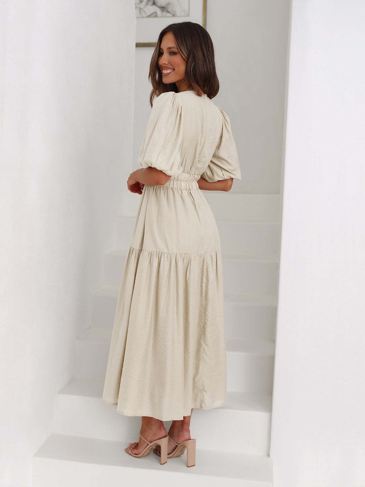 Eulalia Exclusive V Neck Dress with Puff Sleeves Chic Silhouette Collection