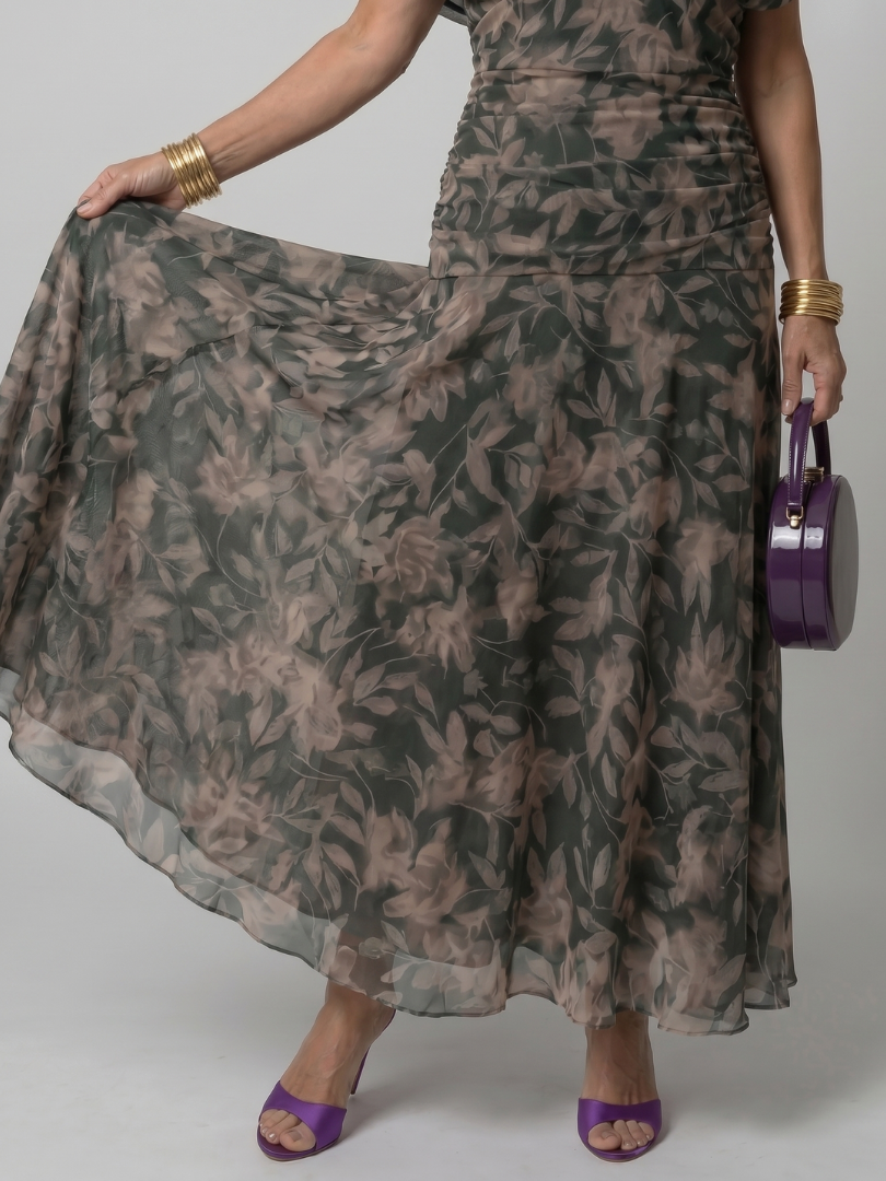 Floral Print Off Shoulder Twist Front Ruched Maxi Dress
