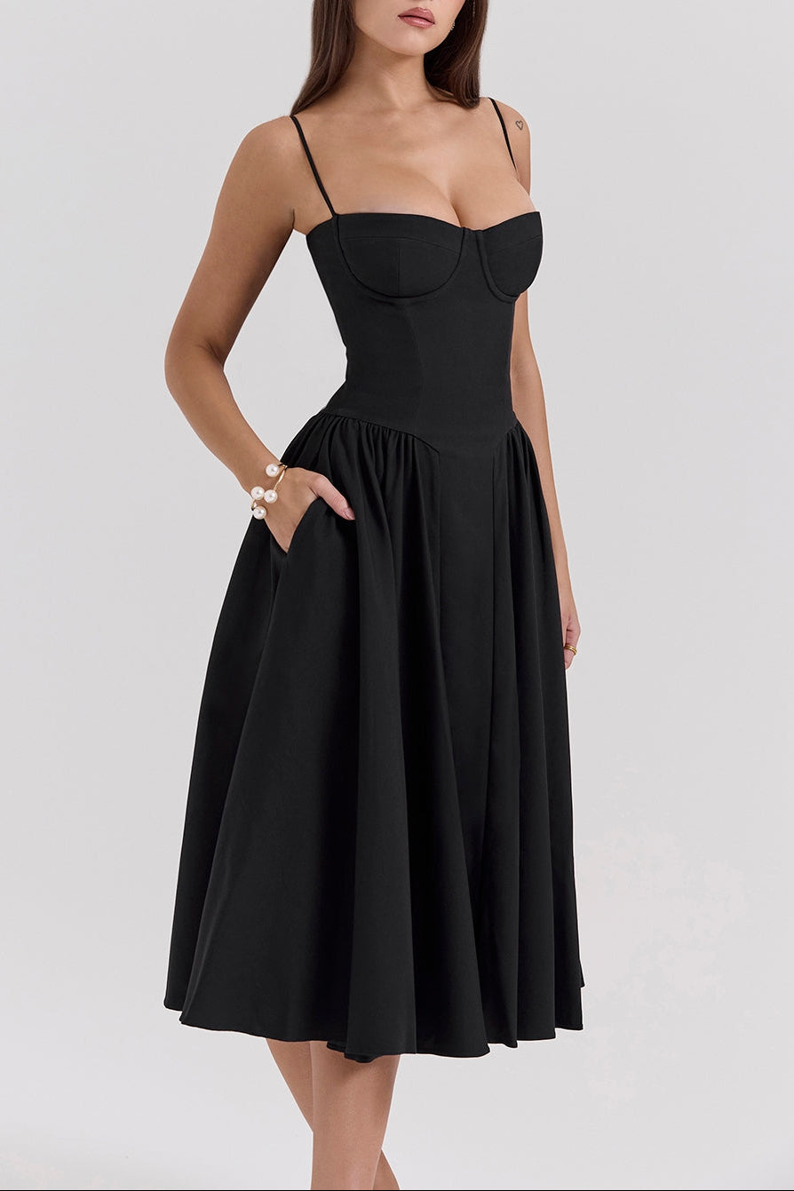Square Neck Cap Sleeve Fit and Flare Midi Dress 31
