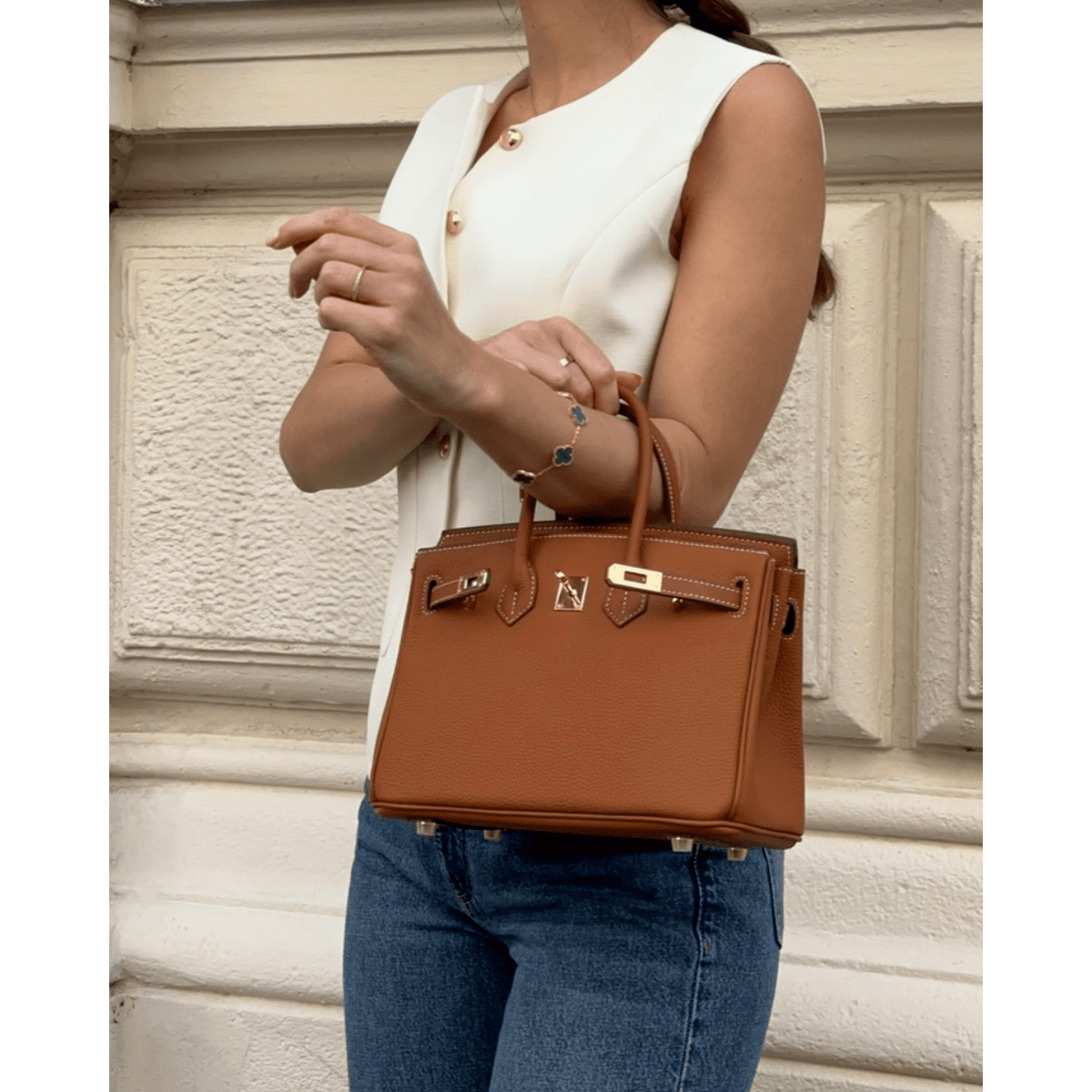 Top Handle Buckle Lock Structured Satchel Bag