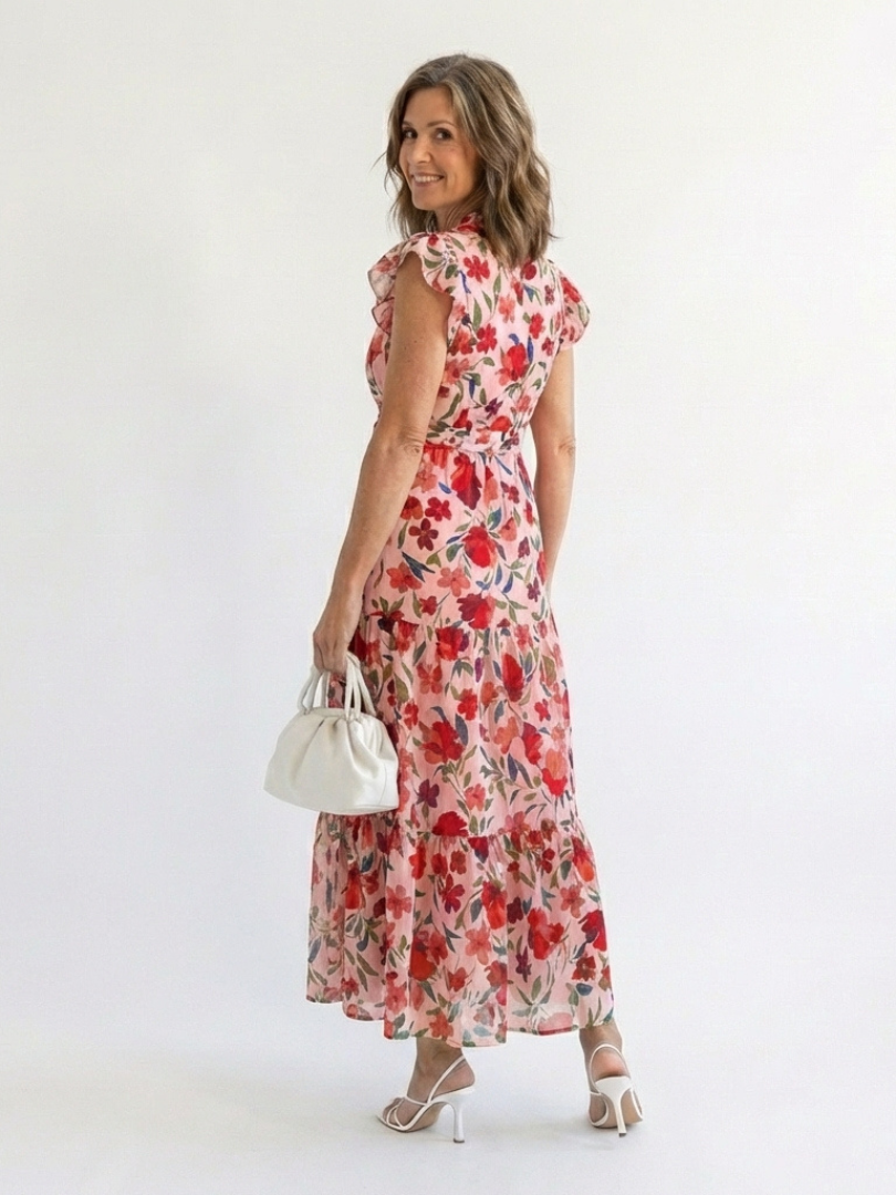Floral Flutter Sleeve Split Neck Tiered Maxi Dress