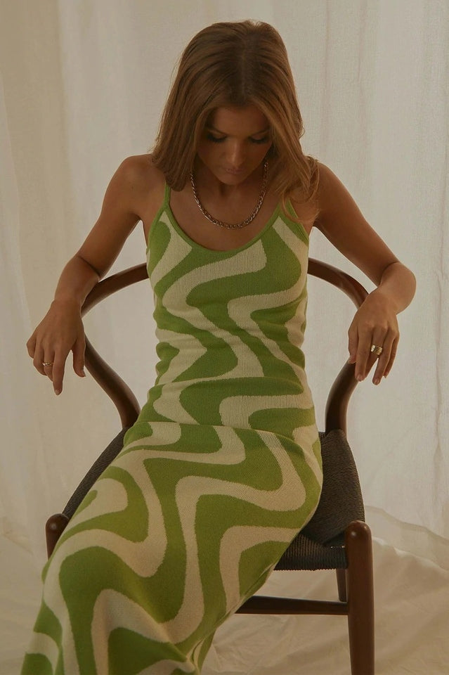 Abstract Print Knit Spaghetti Strap Bodycon Maxi Dress 5