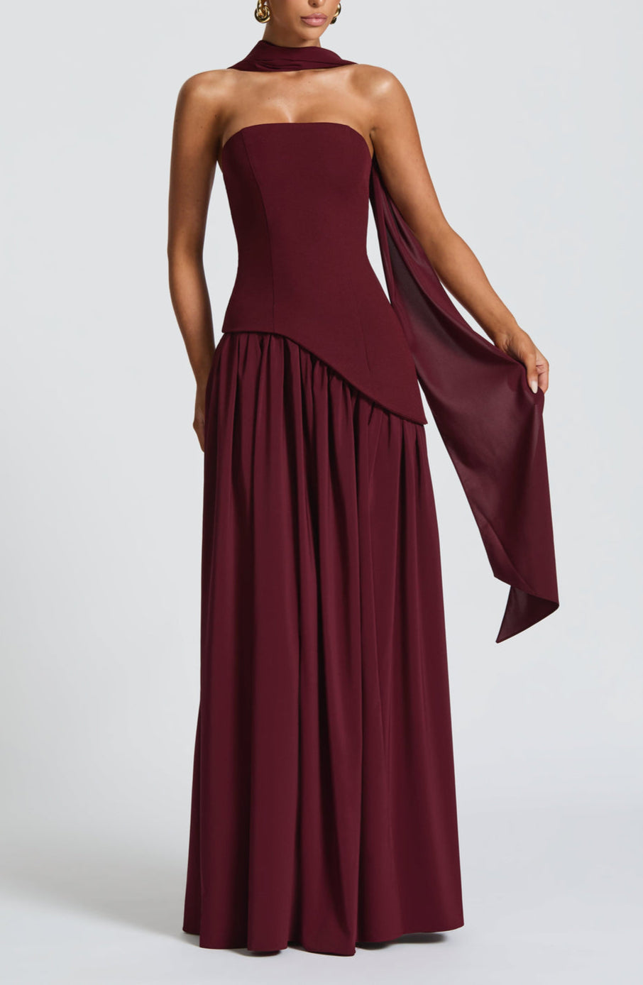Strapless Asymmetric Drop Waist High Split Maxi Dress with Scarf 26