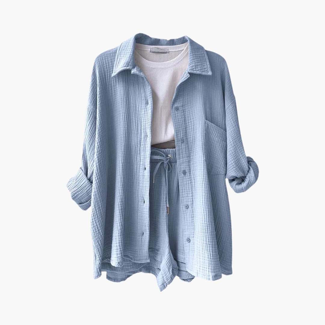 Button Front Shirt and Drawstring Shorts Two Piece Set