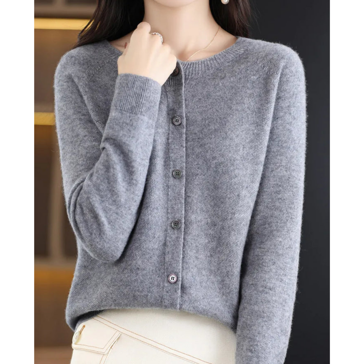 Round Neck Button Front Long Sleeve Knit Cardigan