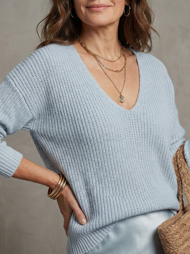 V-Neck Knit Sweater and Satin Slip Maxi Skirt Two Piece Set