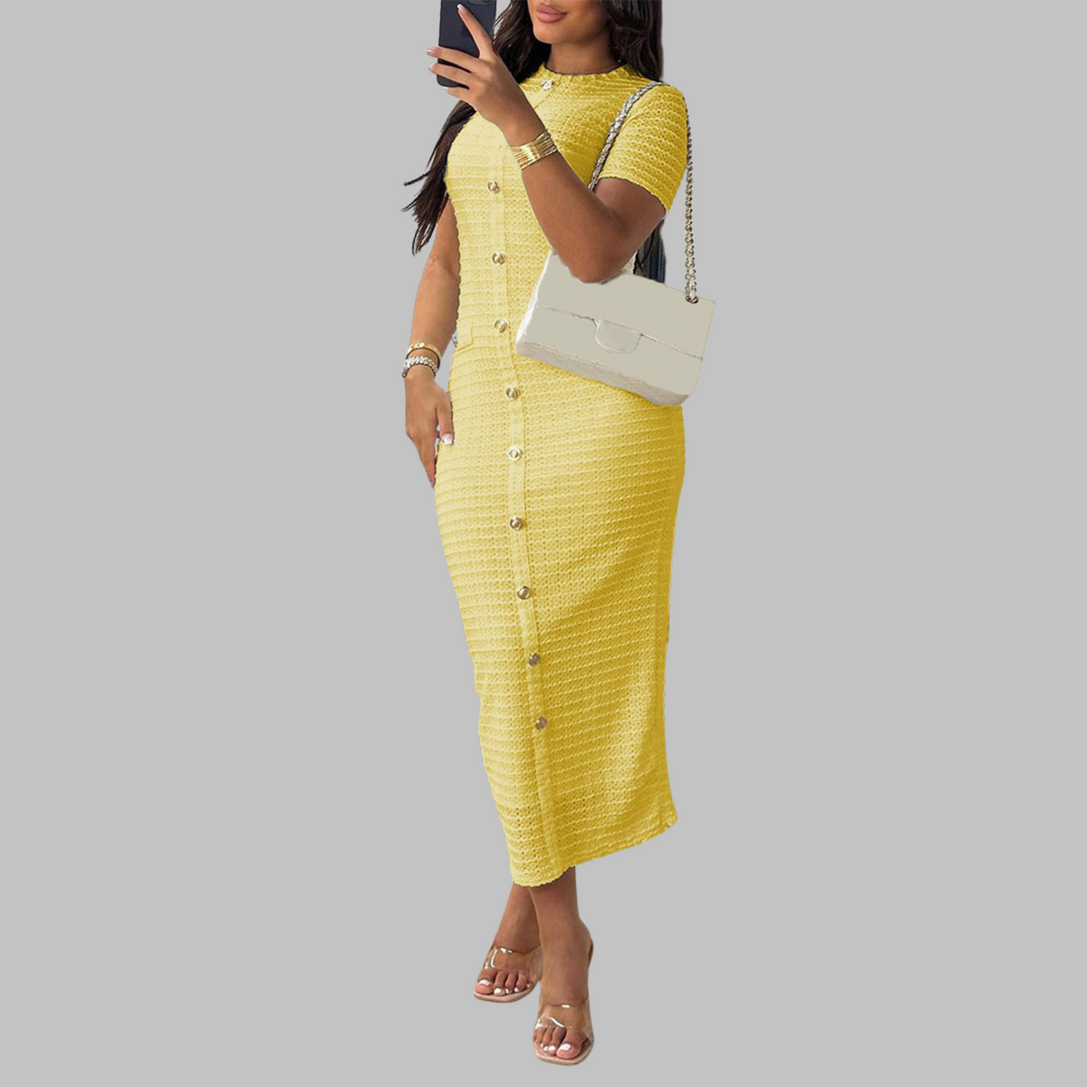 Mock Neck Short Sleeve Button Front Bodycon Midi Dress 11