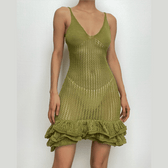 Crochet v neck sleeveless hollow out ruffle mini dress
