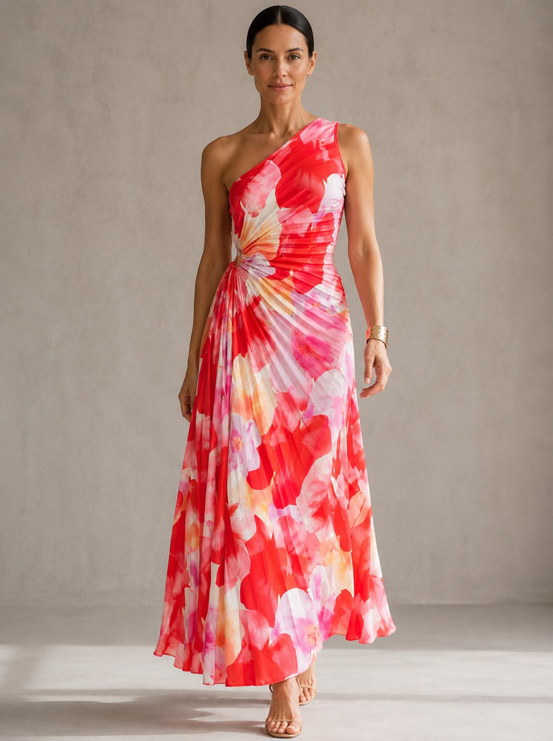 Floral Print One Shoulder Pleated Maxi Dress