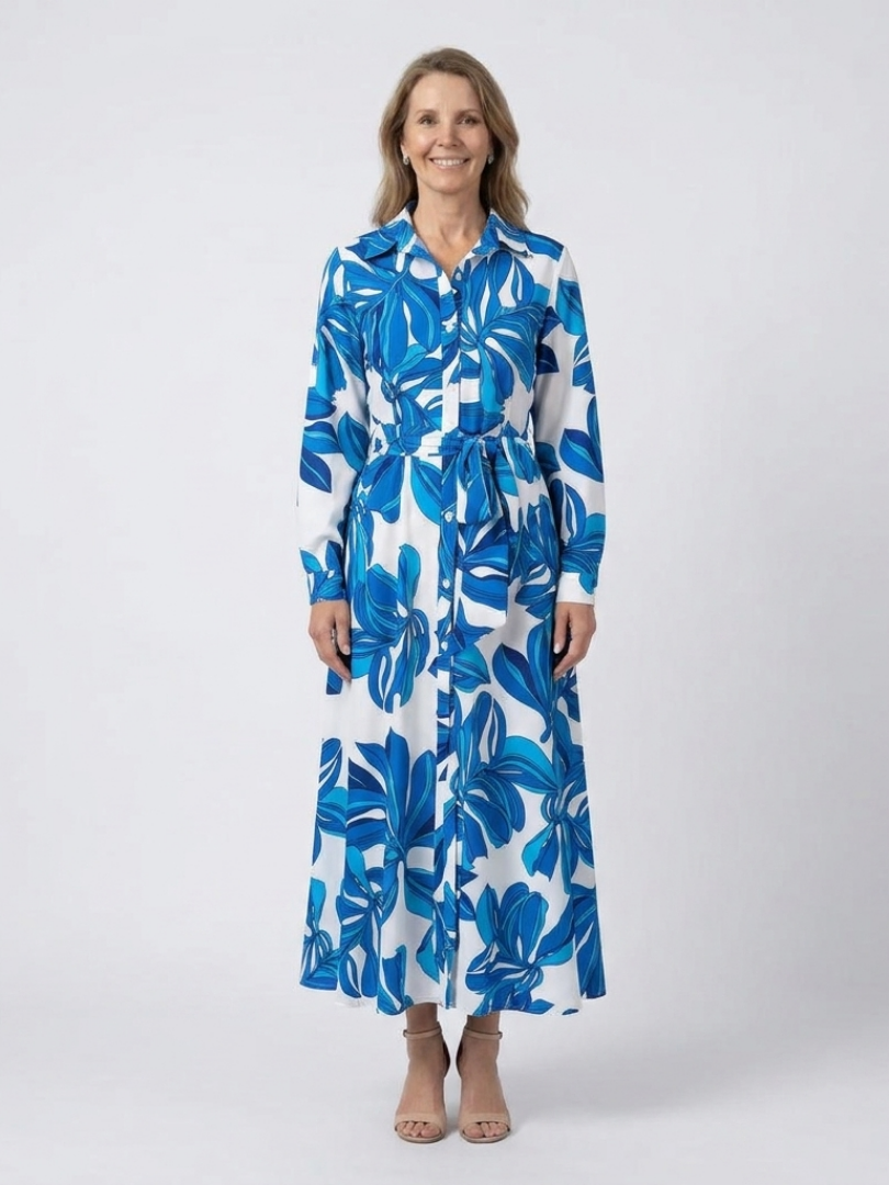 Floral Print Long Sleeve Belted Shirt Maxi Dress