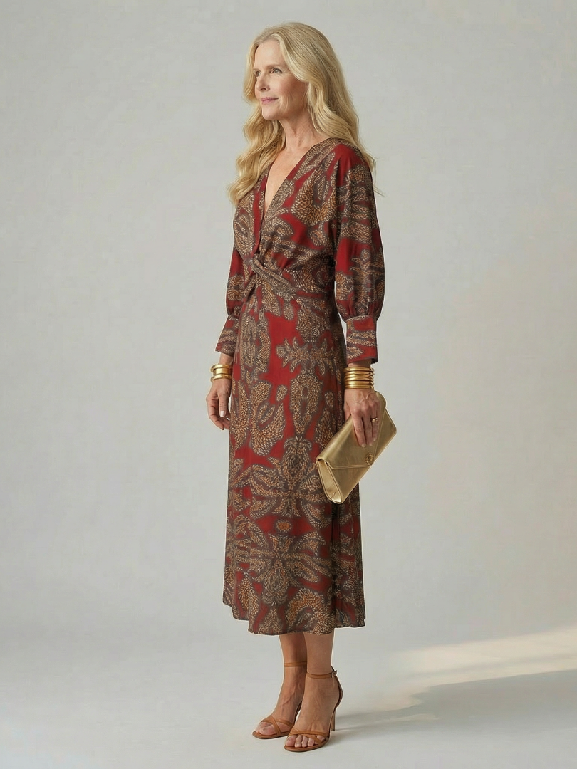 Paisley Print V-Neck Twist Front Long Sleeve Midi Dress