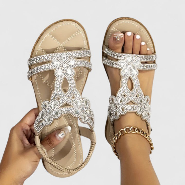 Open Toe Rhinestone Elastic Ankle Flat Sandals 8