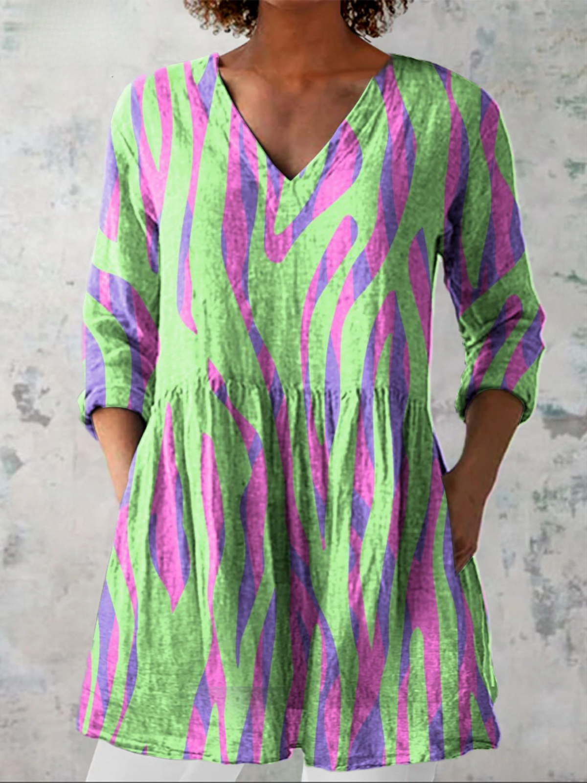 Abstract Print V-Neck Long Sleeve Peplum Tunic Top