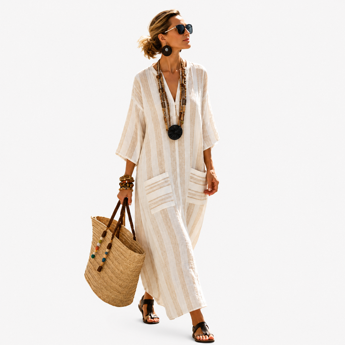 Striped V-Neck Patch Pocket Kaftan Maxi Dress