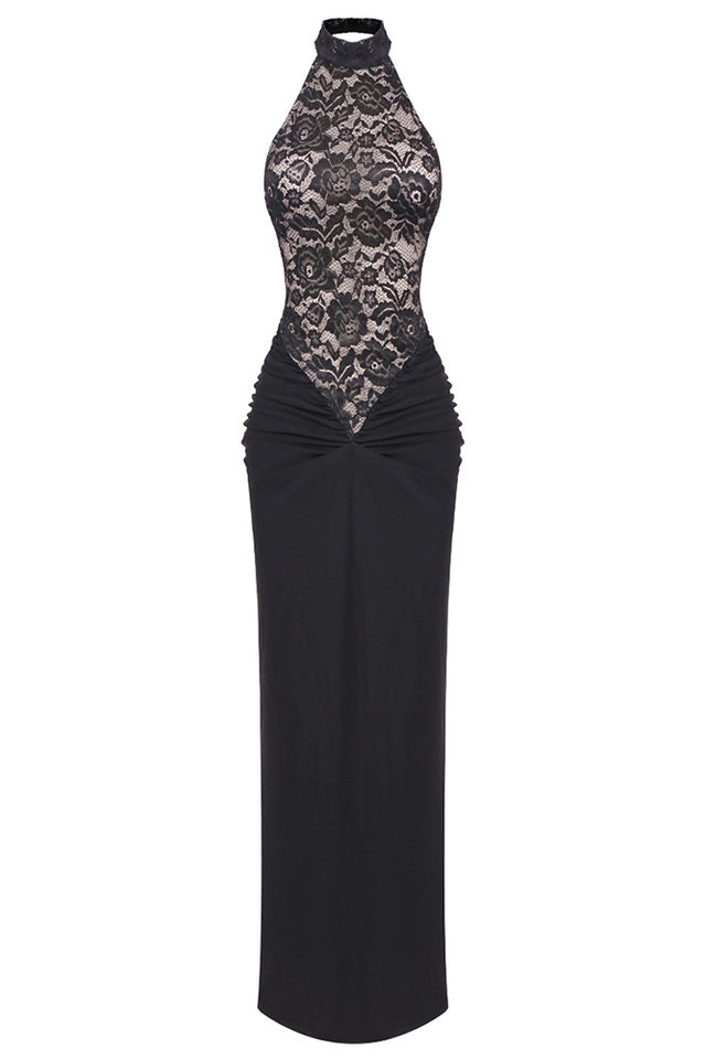 Lace Halter Neck Backless Ruched Mermaid Gown