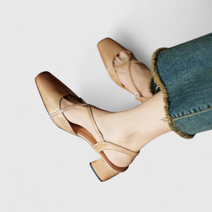 Square Toe Slingback Cross Strap Block Heel Pumps