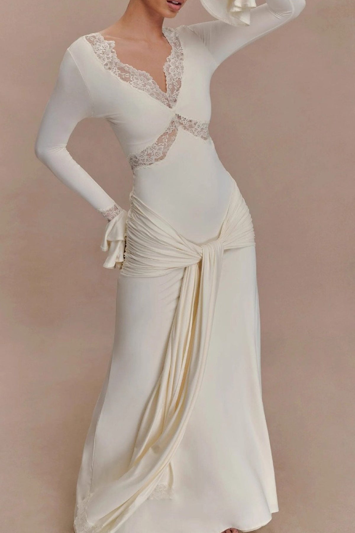 Lace Trim V-Neck Flare Sleeve Draped Hip Ruched Maxi Dress 13