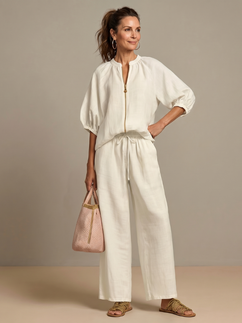 Puff Sleeve Zip Front Top and Wide Leg Pants Two Piece Set