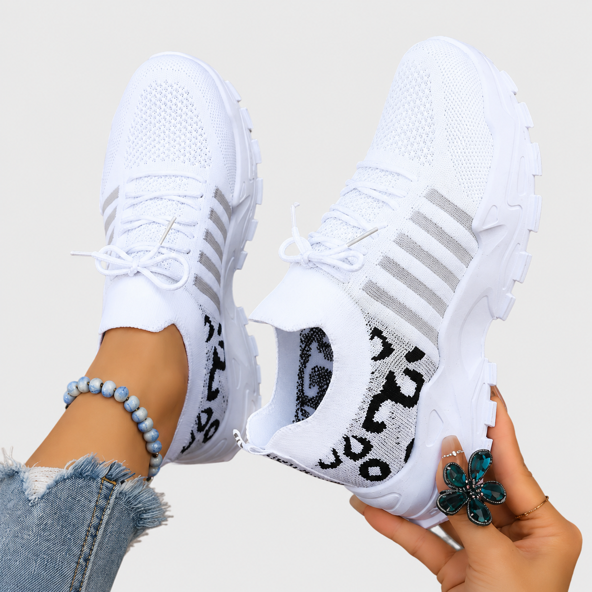 Lace Up Leopard Print Knit Chunky Sneakers