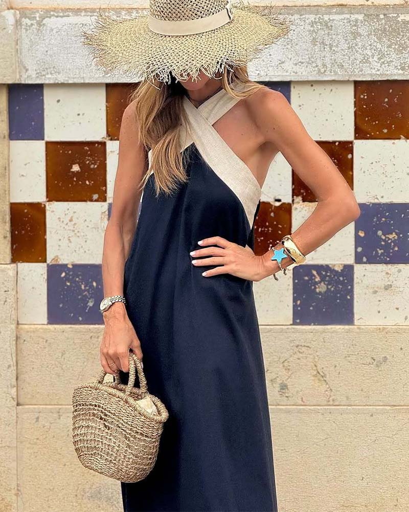 Cross Halter Neck Contrast Panel Sleeveless Draped Maxi Dress