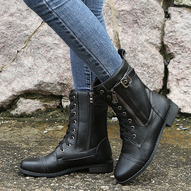 Lace Up Side Zip Buckle Block Heel Combat Boots