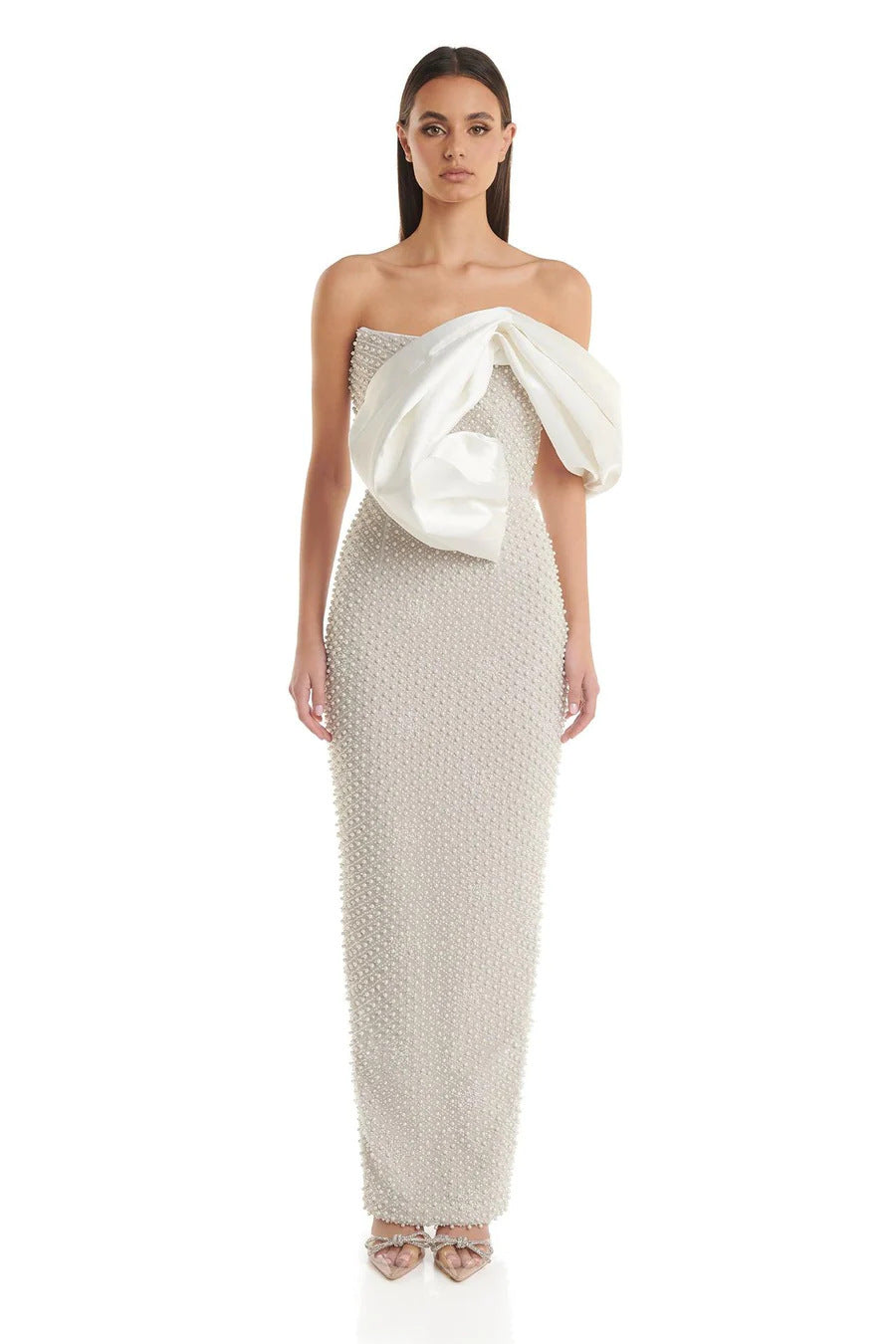 Pearl Embellished Strapless Bow Bodice Bodycon Maxi Dress 2