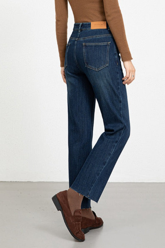 High Waist Fleece Lined 4 Way Stretch Raw Hem Ankle Crop Jeans
