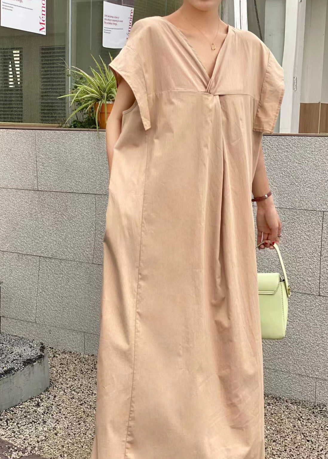 Linen Texture V-Neck Twist Front Cap Sleeve Pocket Oversized Midi Dress