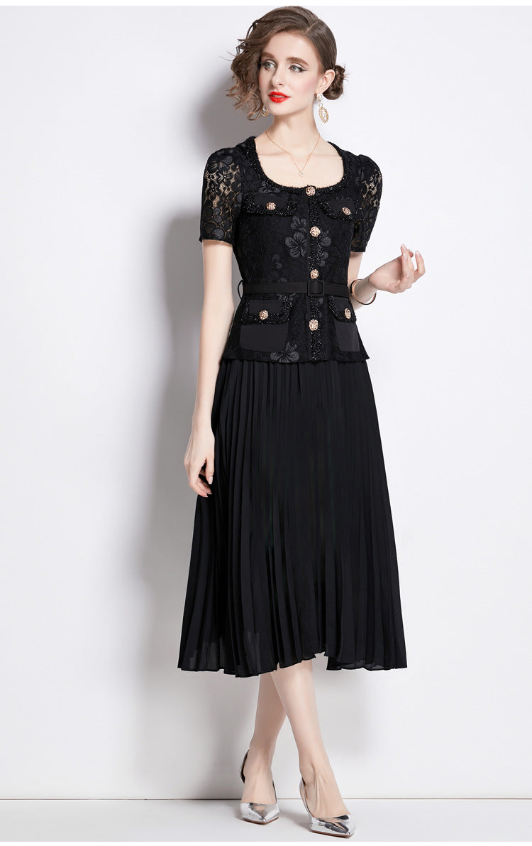 Faux Two Piece Lace Long Sleeve Pleated Midi Dress 33