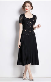 Faux Two Piece Lace Long Sleeve Pleated Midi Dress 33