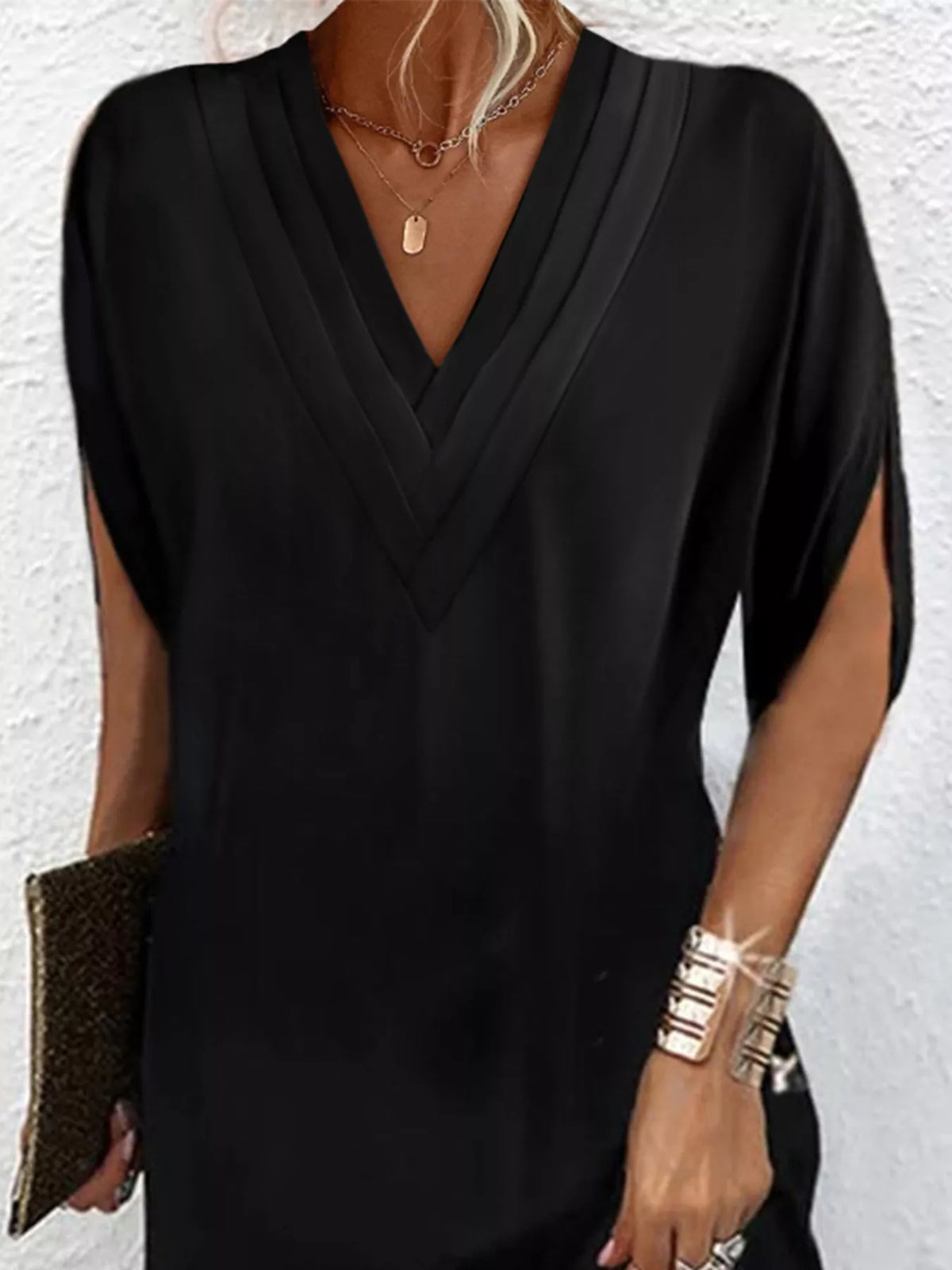 Pleated V-Neck Split Sleeve Relaxed Shift Mini Dress 5