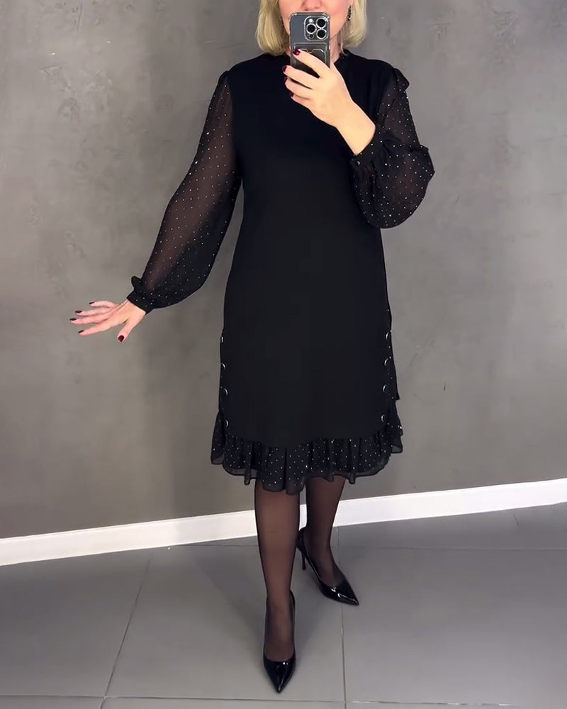 Round Neck Sheer Dot Sleeve Ruffle Hem Shift Midi Dress