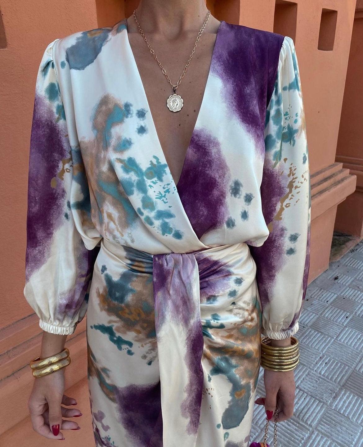 Floral Print V-Neck Long Sleeve Wrap Midi Dress