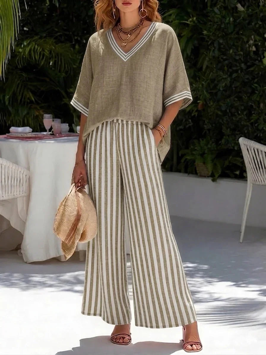 V-Neck Top and Striped Wide Leg Pants Two Piece Set