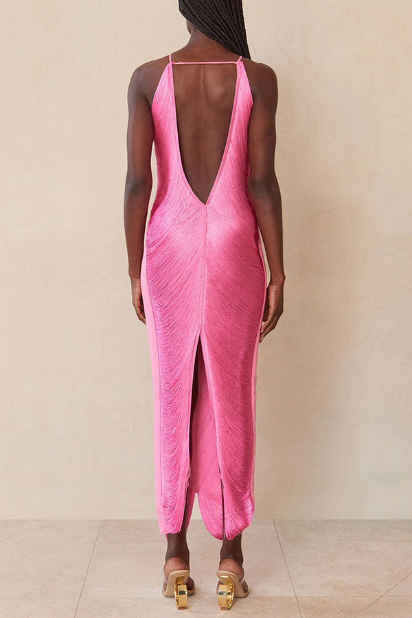 Metallic Fringe Halter Neck Backless Bodycon Maxi Dress 22