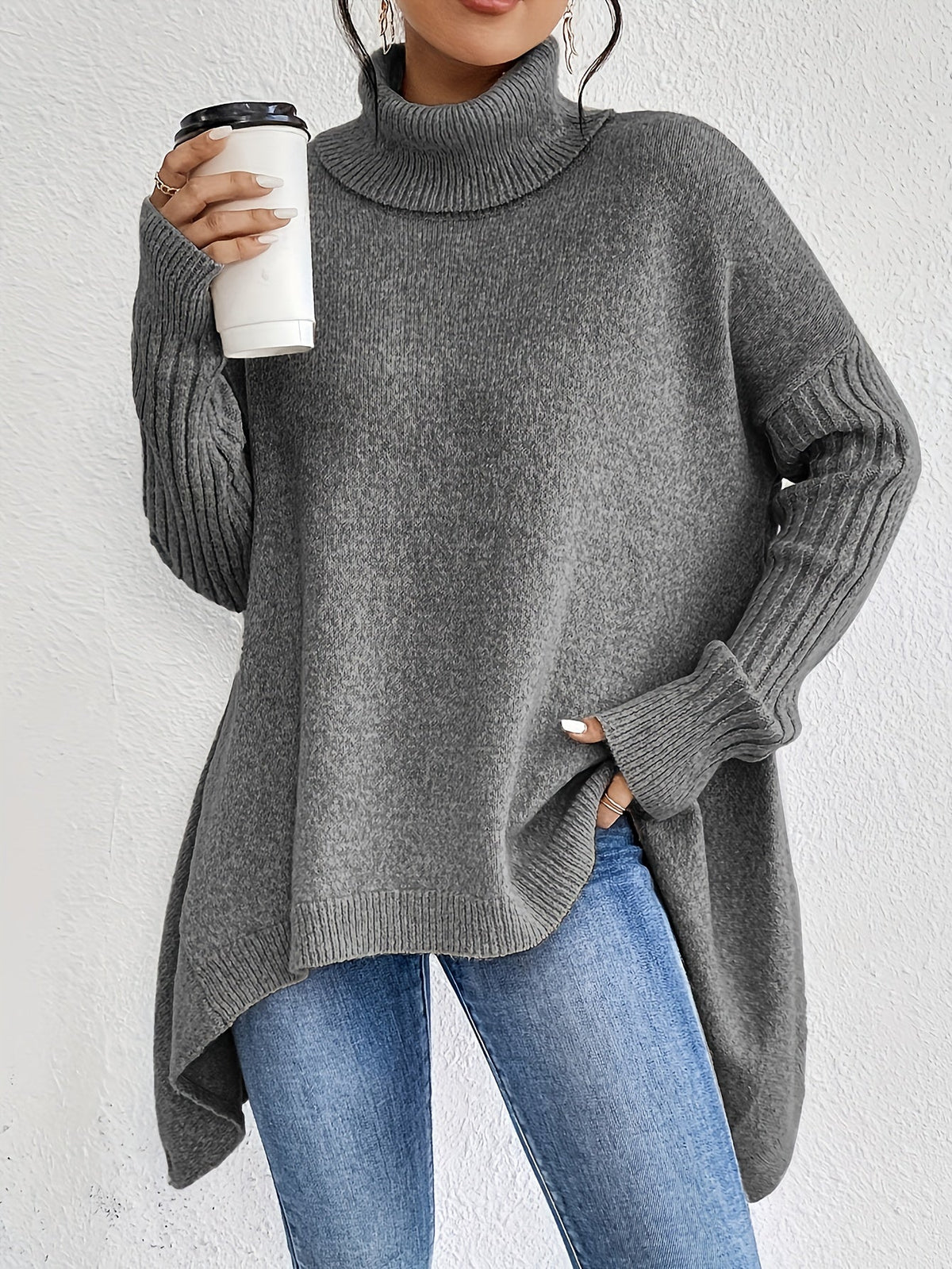 Turtleneck Long Sleeve Oversized High Low Sweater
