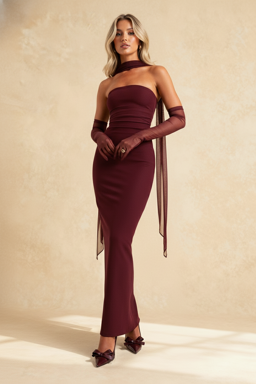 Hudson Maxi Dress With Stole And Gloves Maroon