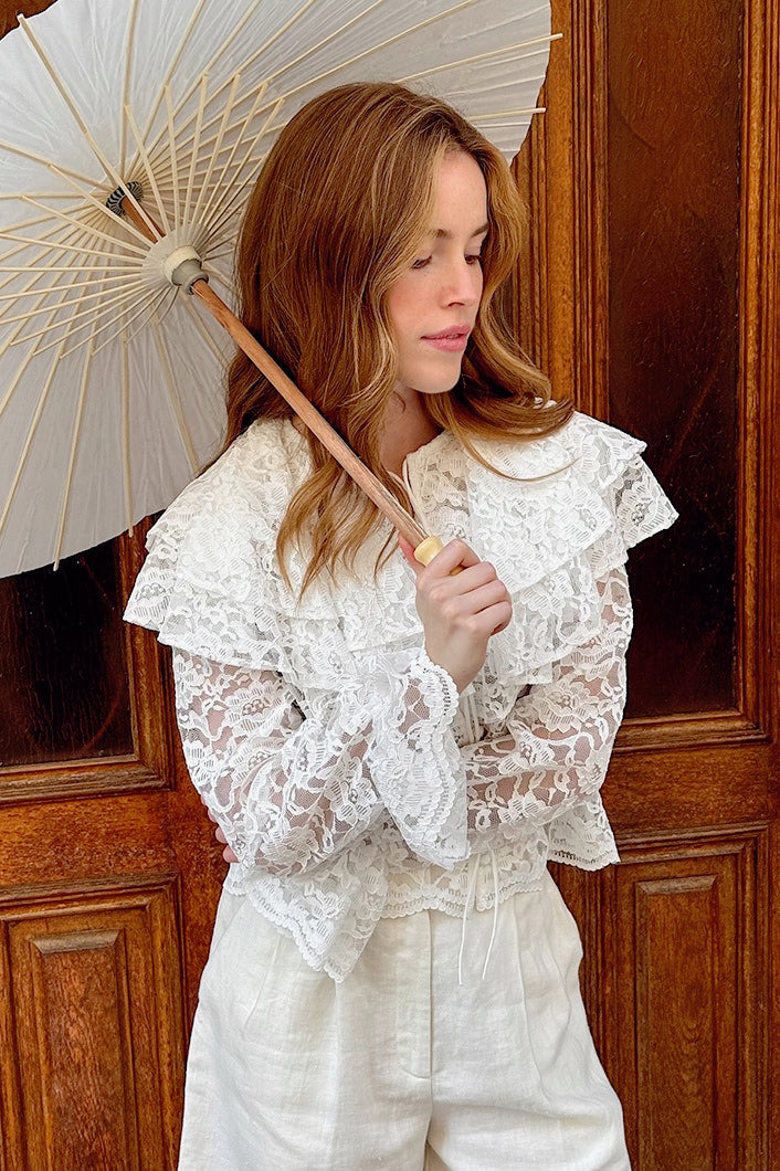 Lace Tiered Ruffle Collar Long Sleeve Tie Front Blouse